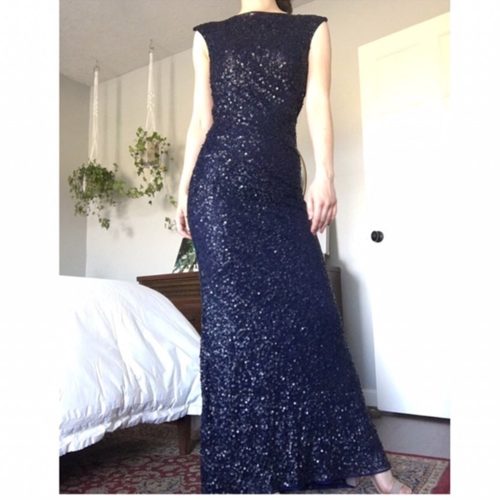 Primavera Couture Long Sequin High Neck Backless Evening Dress in Navy